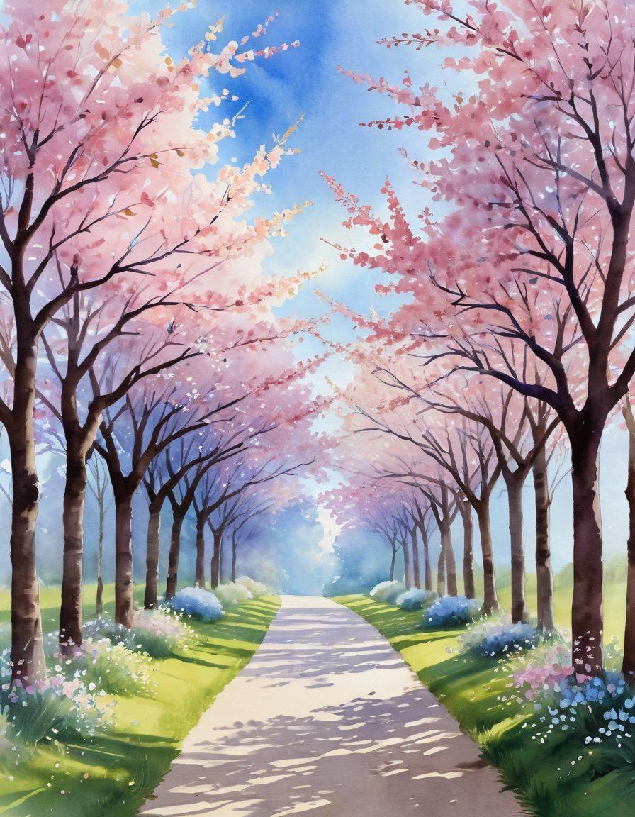 A serene landscape depicting a pathway lined with blossoming trees, symbolizing hope and support for cancer survivors and their families. Along the path, diverse individuals of different ages engaging in supportive conversations, sharing resources, and embracing each other. Soft sunlight filtering through the leaves, creating a warm and inviting atmosphere. The background features a clear blue sky, representing optimism and healing. watercolor painting. soft colors. uplifting composition.