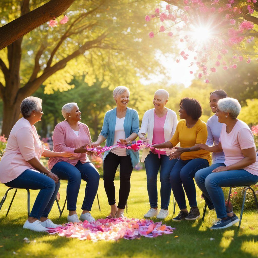 A warm and inviting scene depicting a diverse group of cancer survivors engaging in a supportive circle, sharing stories and laughter in a sunlit park filled with vibrant flowers. Include elements of empowerment like symbolic ribbons of various colors and soft sunlight filtering through trees, creating a sense of hope and community. super-realistic. vibrant colors. soft focus.